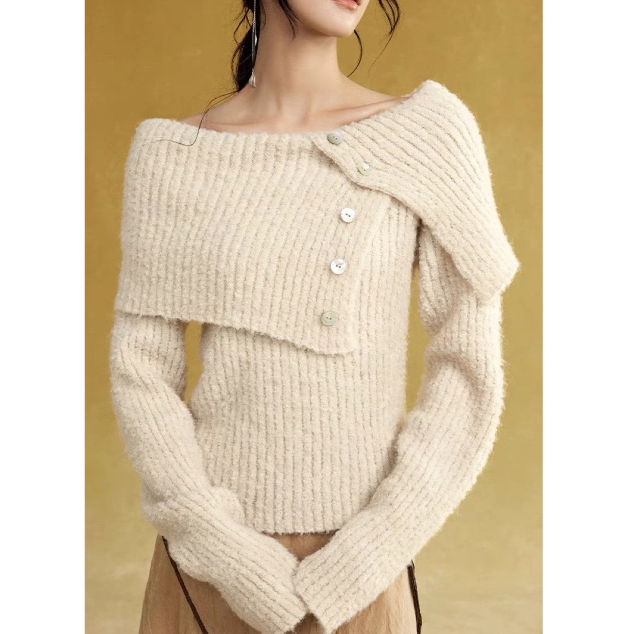 murmur 设计师品牌 圈圈毛竖条纹大翻领两穿毛衣-阿里巴巴