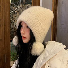 韩版新款针织兔毛显脸小保暖时尚毛球套头帽加绒纯色护耳毛线帽子