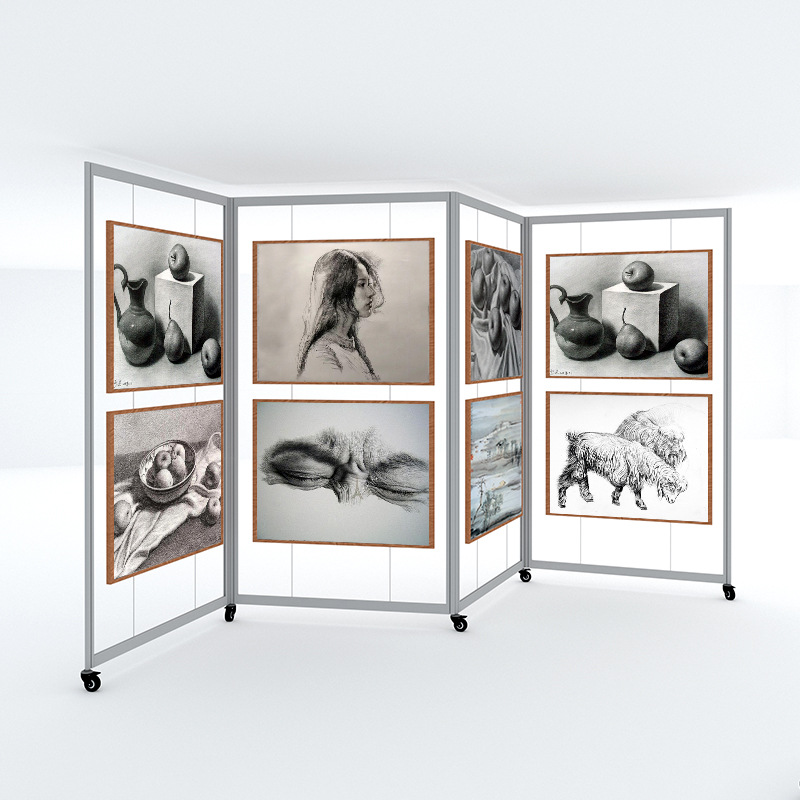折叠画展展示架移动带滑轮学校艺术培训室书法摄影作品铝合金展架