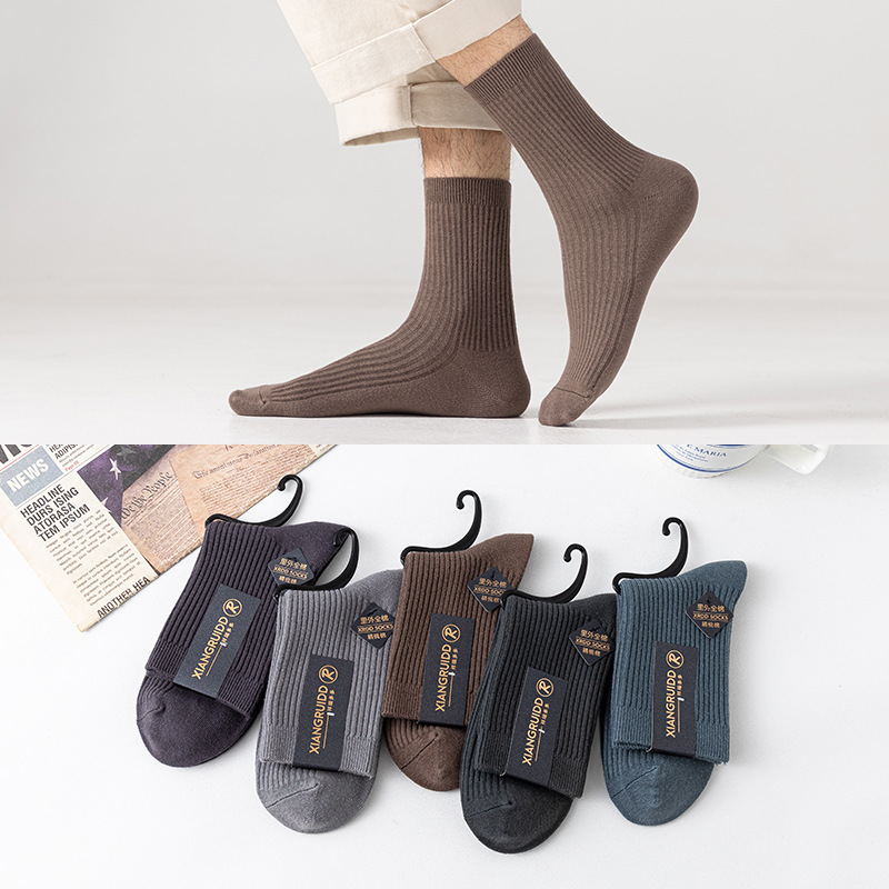 double needle cotton mid-calf socks men‘s autumn and winter new pure color casual pure cotton socks breathable zhuji manufacturer