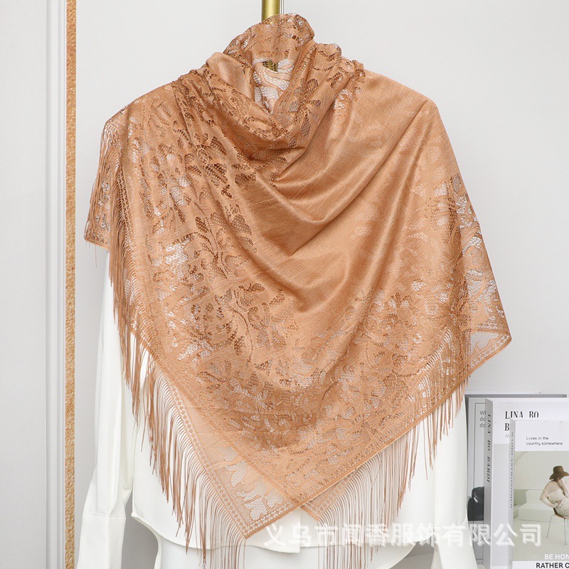 Cross-Border Hot Selling Lace Hollow Tassel Scarf Women Shawl Factory Direct Sales Autumn and Winter Keep Warm Pure Color Scarf Wholesale