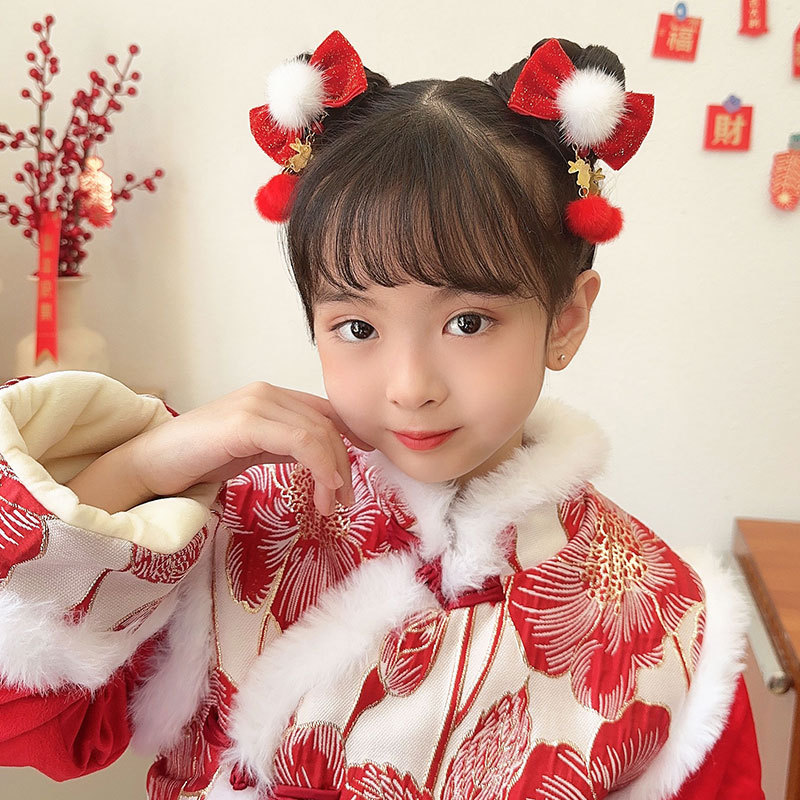 New Year Hair Accessories Children's Han Chinese Costume Headdress Girl's Ancient Style Super Fairy Tassel Wig Braid Barrettes Girl's Ancient Costume Hairpin