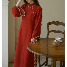 红色礼服裙新中式民国风小洋装感新年2023年改良旗袍连衣裙秋冬