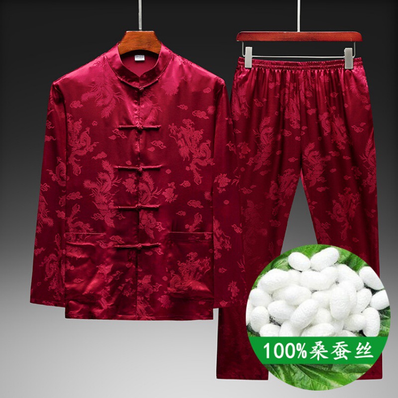 真丝唐装男中老年爸爸中国风男士丝绸桑蚕丝爷爷长袖套装-阿里巴巴