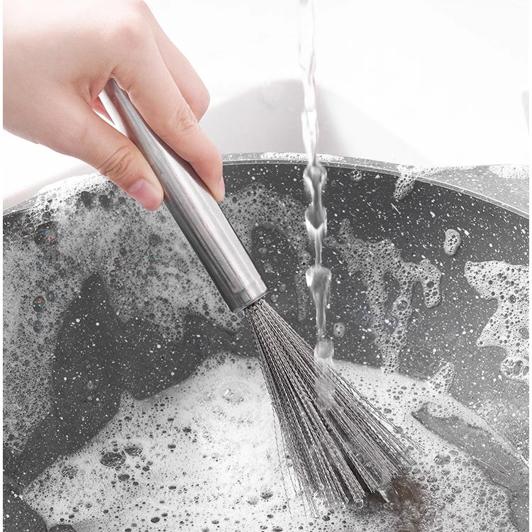 Stainless Steel Wok Brush Kitchen Long Handle Dish Brush Hanging Wok Brush Cleaning Decontamination Wire Brush Gap Brushes Cleaning Brush