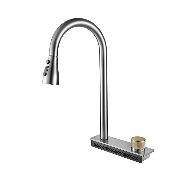 Copper Wire Drawing Gun Gray Retractable Kitchen Faucet 304 Electroplating Multi-Functional Flying Rain Waterfall Hot and Cold Dual-Use Faucet Water Tap