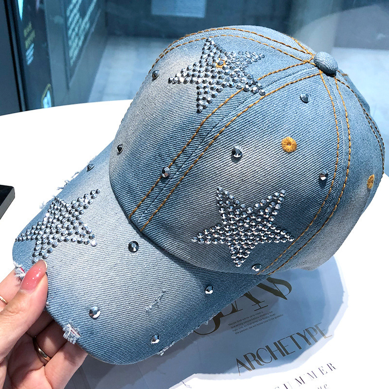 Baseball Cap Female Five-Pointed Star Letter Rhinestone Denim Peaked Cap Spring and Summer New Sunscreen Sun Hat Wholesale