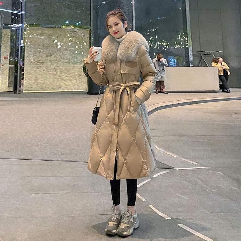 免洗亮面超大毛领羽绒服女中长款2023年冬季新款爆款90白鸭绒外套