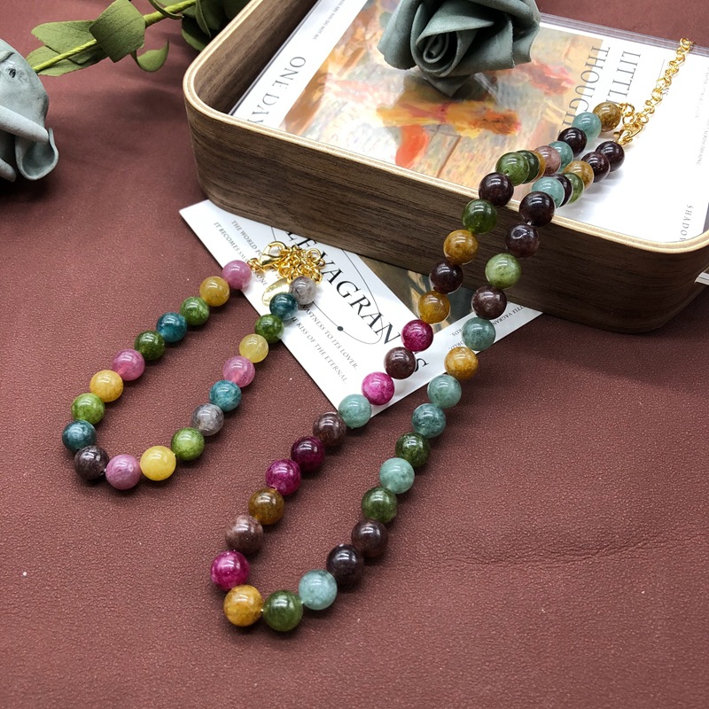 Vintage Court Style Colorful Tourmaline Beads Necklace, Bracelet Set Western Mid-Ancient Vintage All-Matching Graceful Accessories