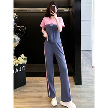 深圳南油高级感休闲运动套装女夏季撞色拼接短袖阔腿裤两件套
