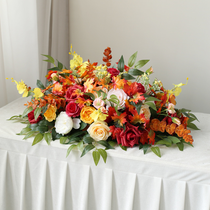 仿真签到台桌花会议室讲台餐桌摆花秋系婚礼花艺布置装饰玫瑰绢花