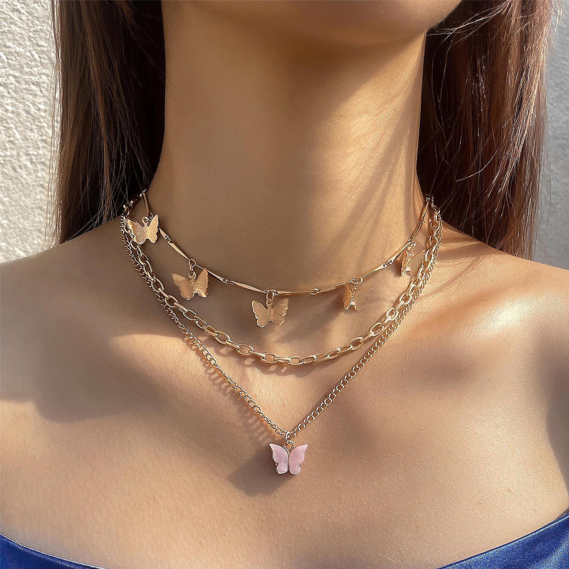 跨境百搭优雅蝴蝶流苏吊坠三层项链 甜美系淑女多层叠戴锁骨链女