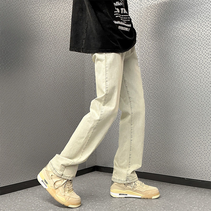 黄泥色牛仔裤男秋季新款美式复古修身微喇裤子港风潮牌宽松直筒裤