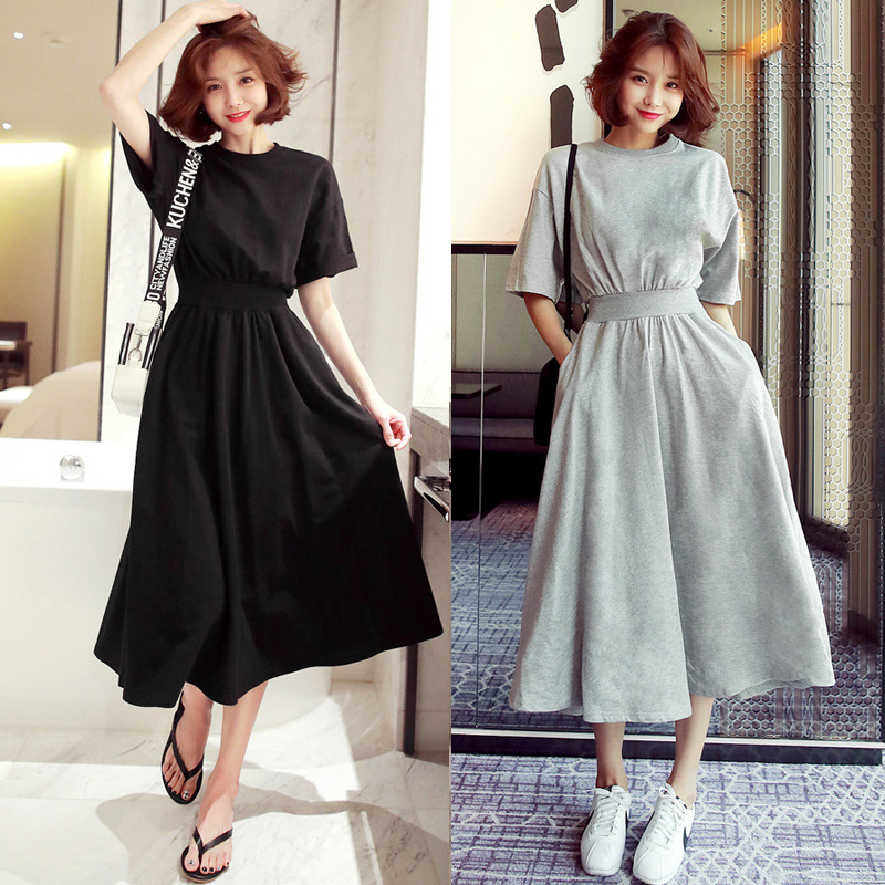 Women's Korean-Style Short-Sleeved Dress 2023 New Summer Large Skirt Loose Slimming Fitted Waist High Waist round Neck Dress