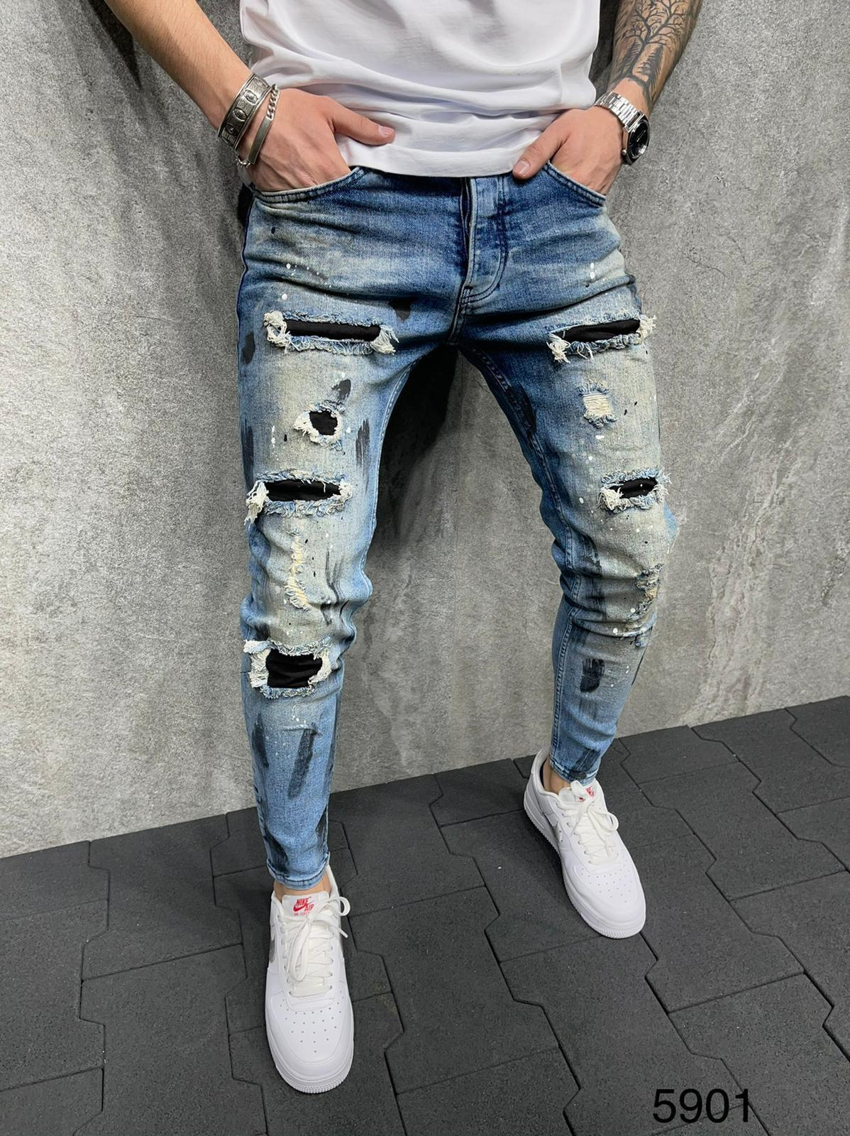   Wish European and American New Men's Slim Fit Ripped Ankle-Tied Pants New Men's Paint Denim Men's Pants Factory Direct Sales