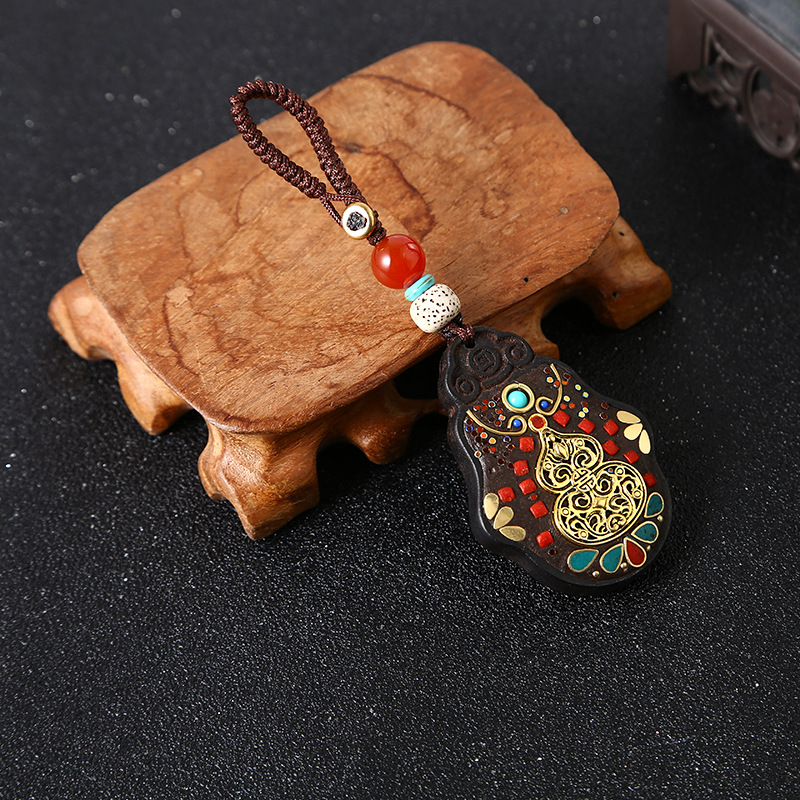 Nepal Agate Spacer Beads Mobile Phone Charm Blackwood Brass Inlaid Pendant DIY Ethnic Style Keychain Small Pendant