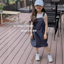 24女童新款夏季韩版休闲圆领T恤衫+宽松抽绳背带裙两件套装女
