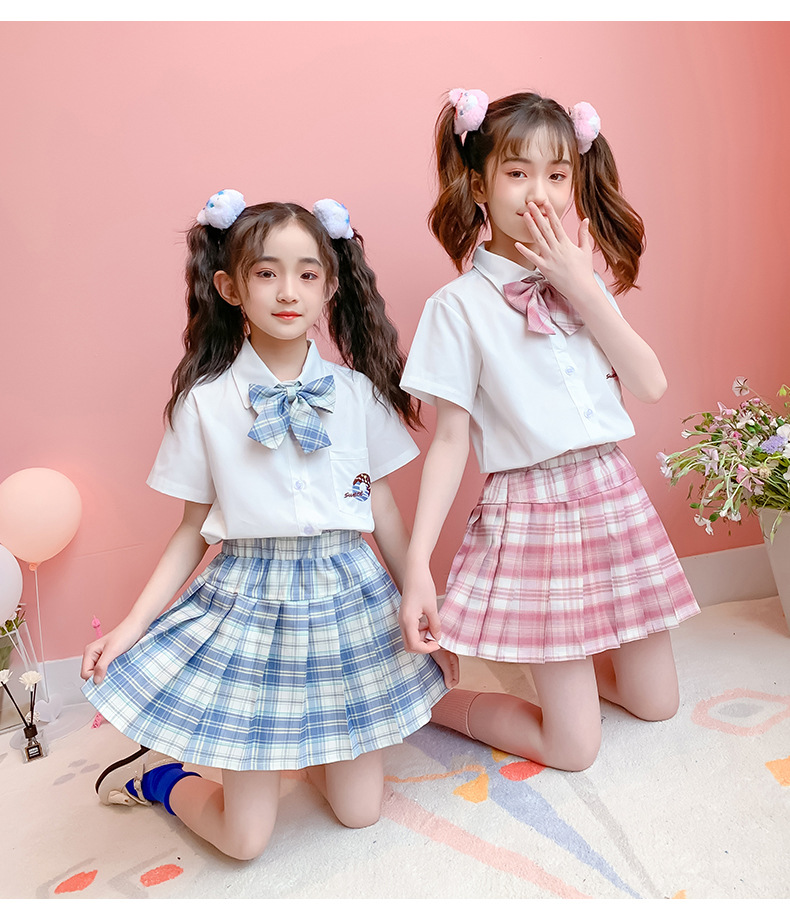 儿童学生夏装aj套装女童学院风格子裙裤两件套女孩闺蜜制服表演服