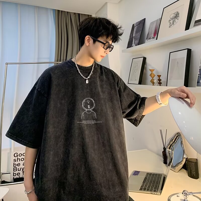 ulzzang潮流短袖t恤男夏季百搭水洗做旧中袖vibe潮牌宽松体恤衣服