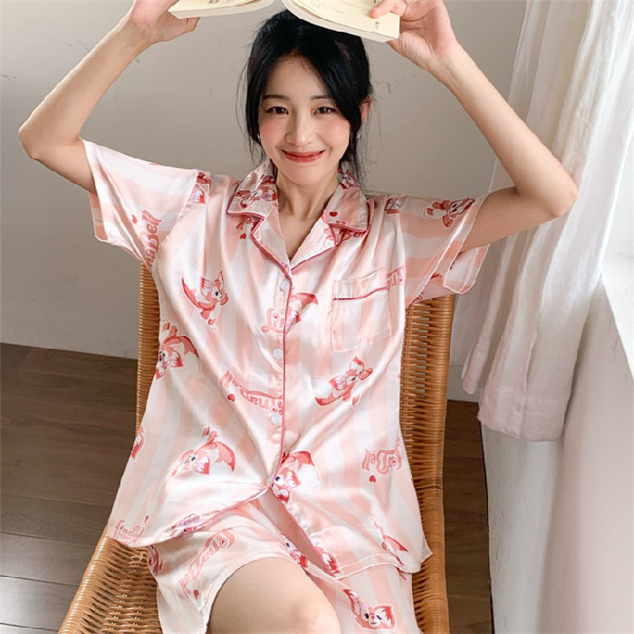 silk sleepwear夏季仿真丝睡衣女网红冰丝绸春秋天短袖短裤家居服