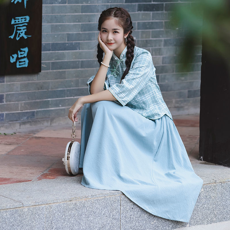 风女学生复古民国风女装日常中式盘扣旗袍唐装改良汉服两件套