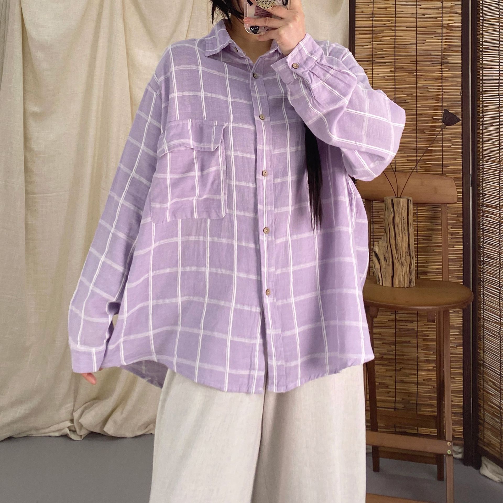 2024春季新款全棉格子衬衫女文艺翻领长袖宽松大码中长款衬衣