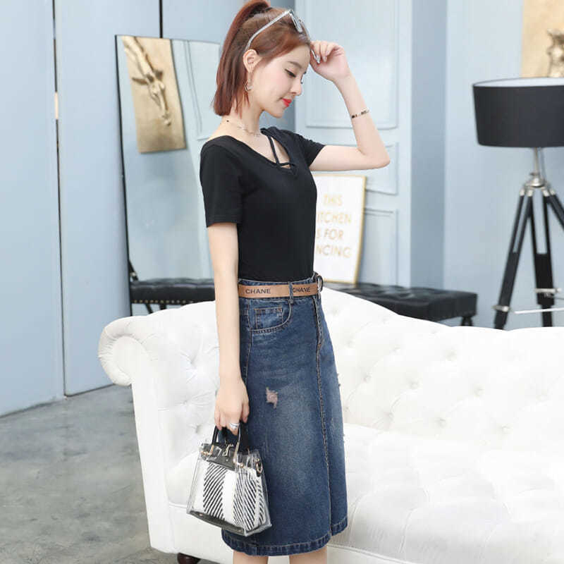 牛仔裙两件套甜美t恤套装裙女高腰显瘦中长款破洞开叉包臀半身裙