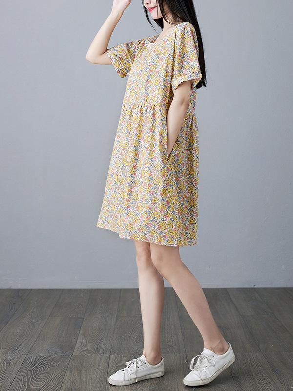 2021夏季新款文艺清新碎花连衣裙女水洗全棉短袖中裙一件代发