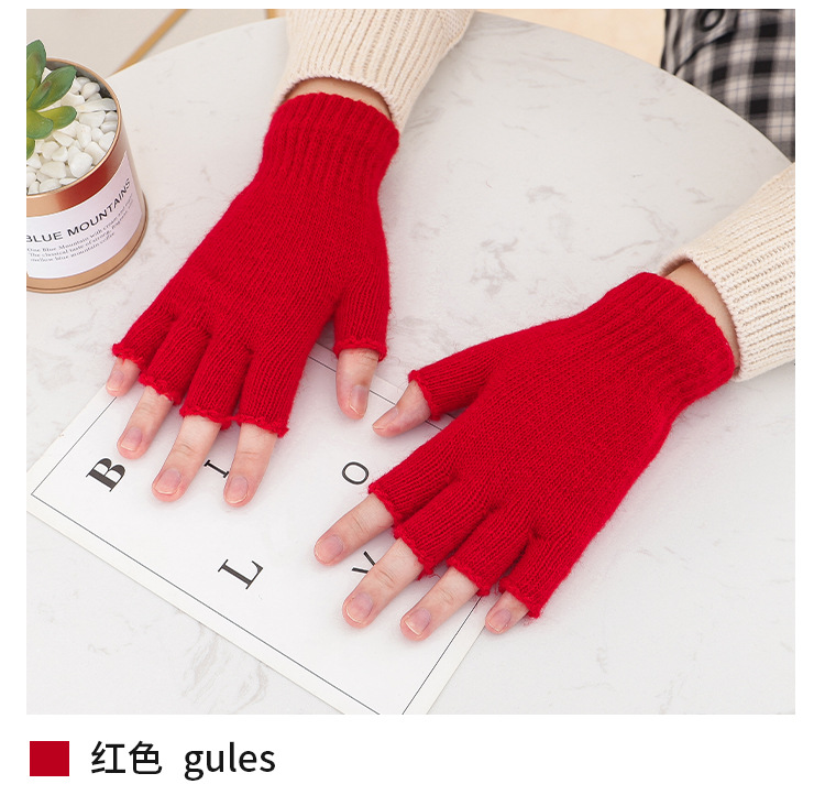 Korean Style Black Autumn and Winter Wool Half Finger Gloves Knitted Pure Color Warm Keeping Men and Women Writing Work Half