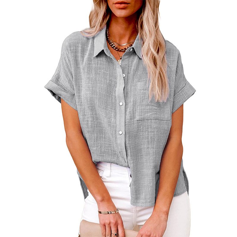 Amazon Wish2022 Summer New Europe and America Cross Border Women's Solid Color Linen Shirt Short Sleeve Casual Loose Shirt