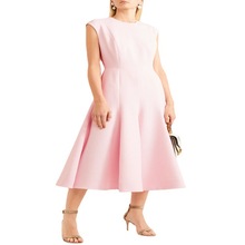 春夏新款 欧美风粉色甜美圆领气质大摆裙纯色长款连衣裙女