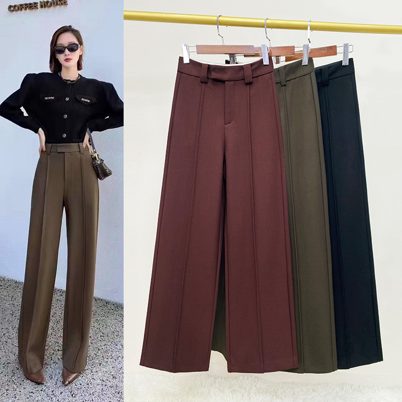 西装阔腿裤女秋冬季厚款窄版显瘦高档TR羊毛不粘毛垂感高腰西裤