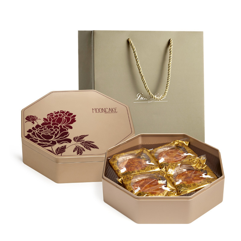 批发八角铁盒铁罐金色红色中秋月饼礼盒包装酒店伍仁圆铁盒罐定