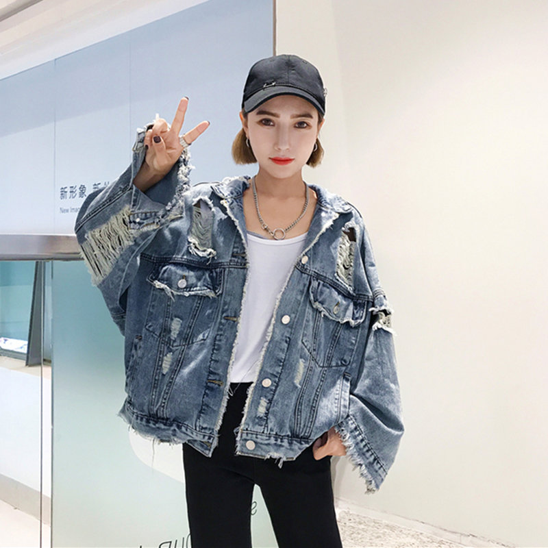 网红个性破洞软牛仔外套酷女生潮流女春宽松bf长袖欧美嘻哈短外套