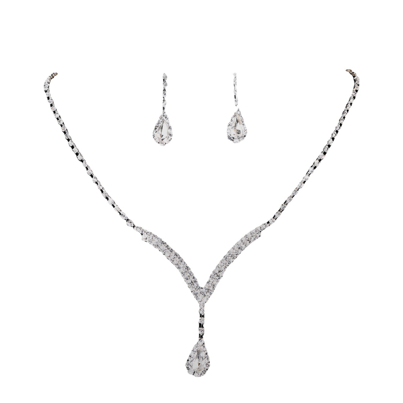 Bridal Jewelry European and American Fashion Full Diamond V-neck Water Drop Pendant Necklace Earrings Set Cross-Border Hot Female N5471