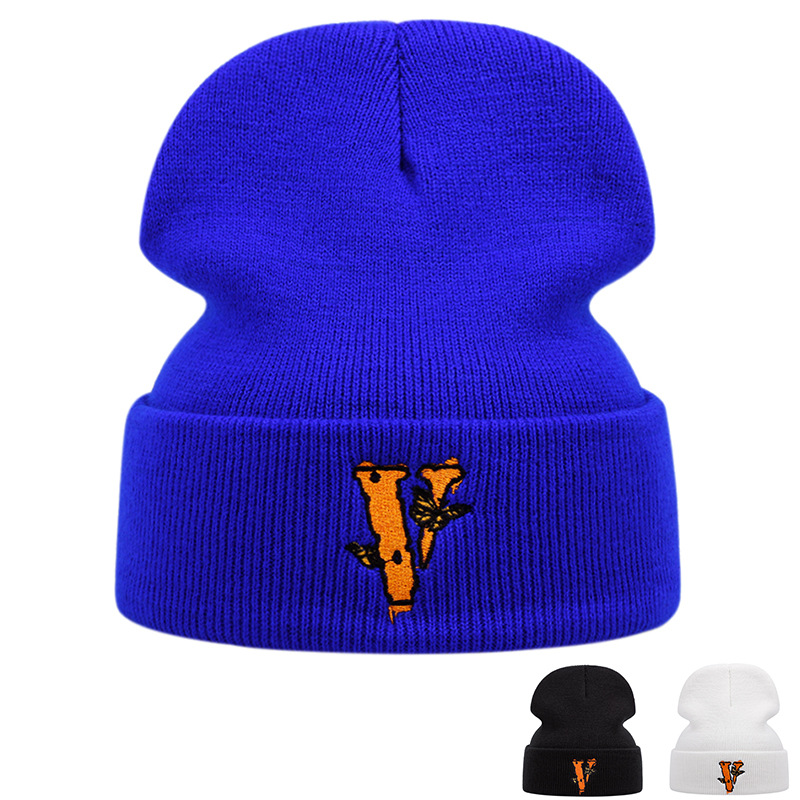 Foreign Trade Popular Style Butterfly V Embroidery Knitted Hat Winter Warm Men and Women Outdoor Woolen Cap Cartoon Versatile Popular