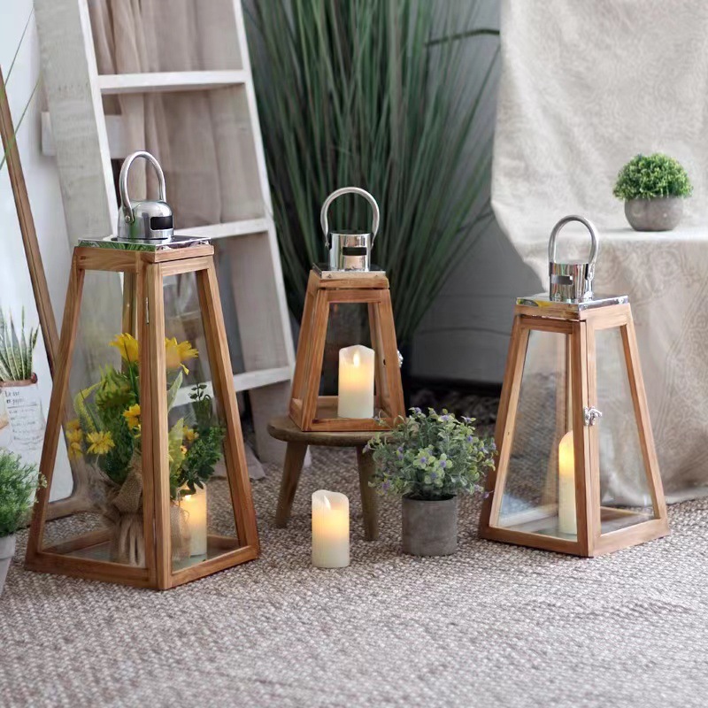 Christmas Wooden European Style Storm Lantern Candlestick Outdoor Home Stainless Steel Romantic Simple Style Decorative Lamp Outdoor Supplies