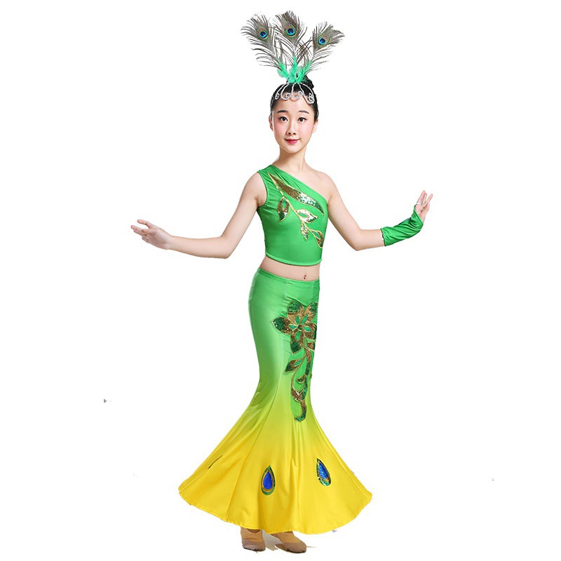 儿童傣族舞蹈服女少儿演出服新款女童孔雀舞服装女孩鱼尾裙表