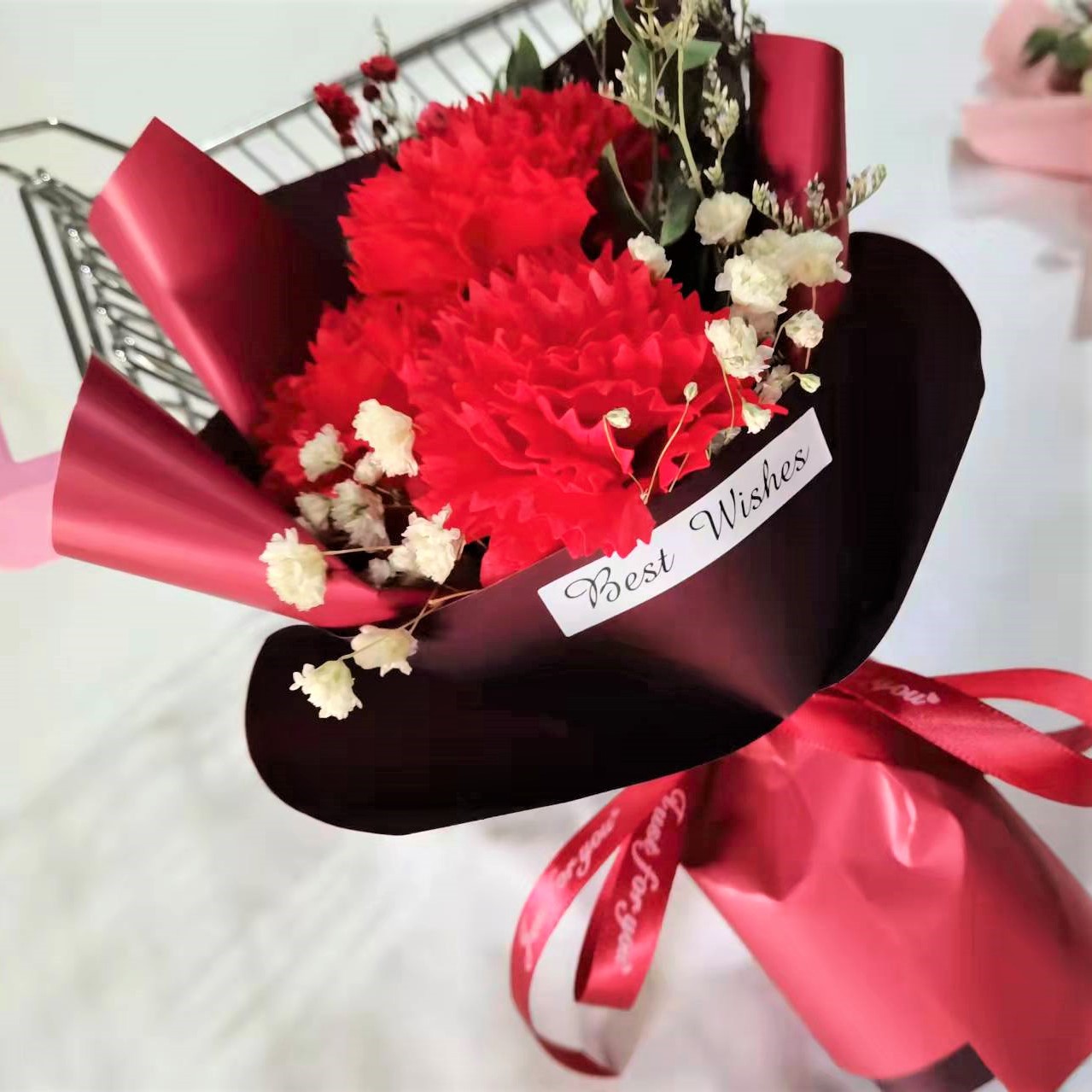 母亲节三朵康乃馨小花束香皂花干花仿真花束节日礼盒搭配花束