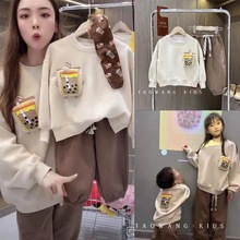 韩版亲子装秋季潮母女母子婴儿连体衣珍珠奶茶立体儿童男女童套装