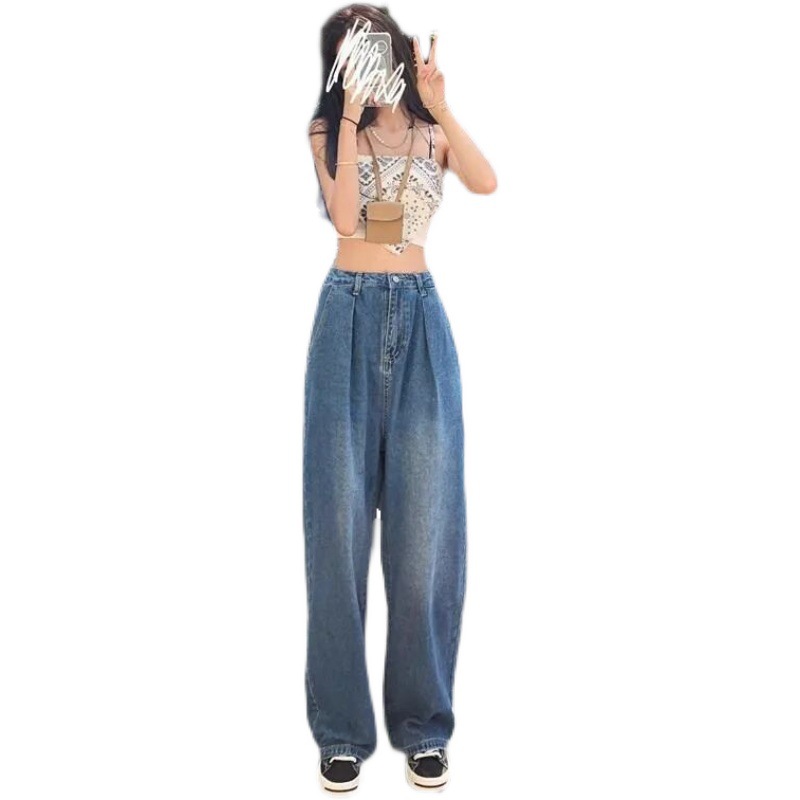 Chic Hong Kong Style Retro Distressed Figure Flattering Jeans for Women 2022 Spring New Loose High Waist Straight Wide Leg Pants Fashion