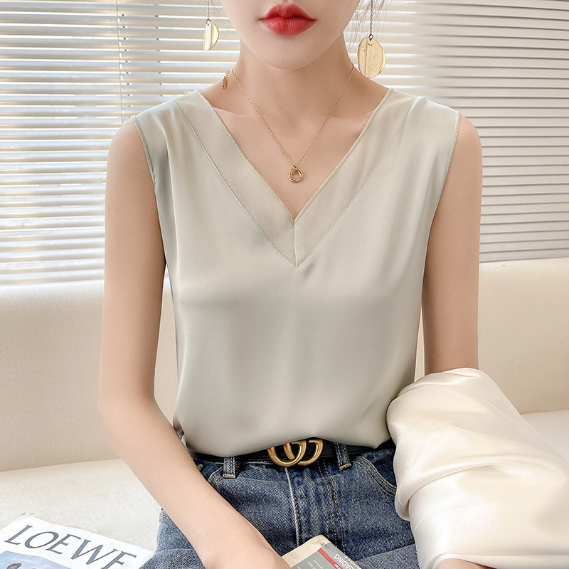 缎面吊带背心女辣妹内搭美背绸缎网纱宽肩香槟色桑蚕丝薄荷绿上衣