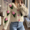 wholesale Cross border Europe and America 2022 Autumn new pattern Pure handwork tulips sweater coat D79029
