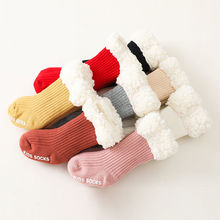 儿童圣诞袜秋冬新款厚羊羔绒宝宝地板袜色细条袜子防滑学步婴儿袜