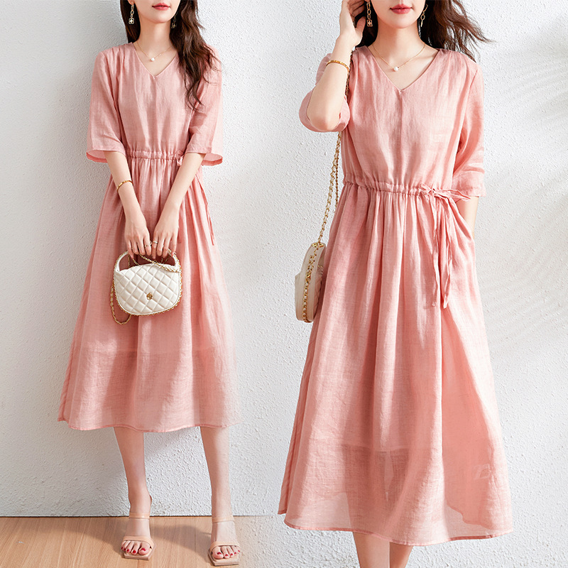 棉麻连衣裙女士夏季2024新款收腰显瘦v领粉色高级感短袖中长裙潮