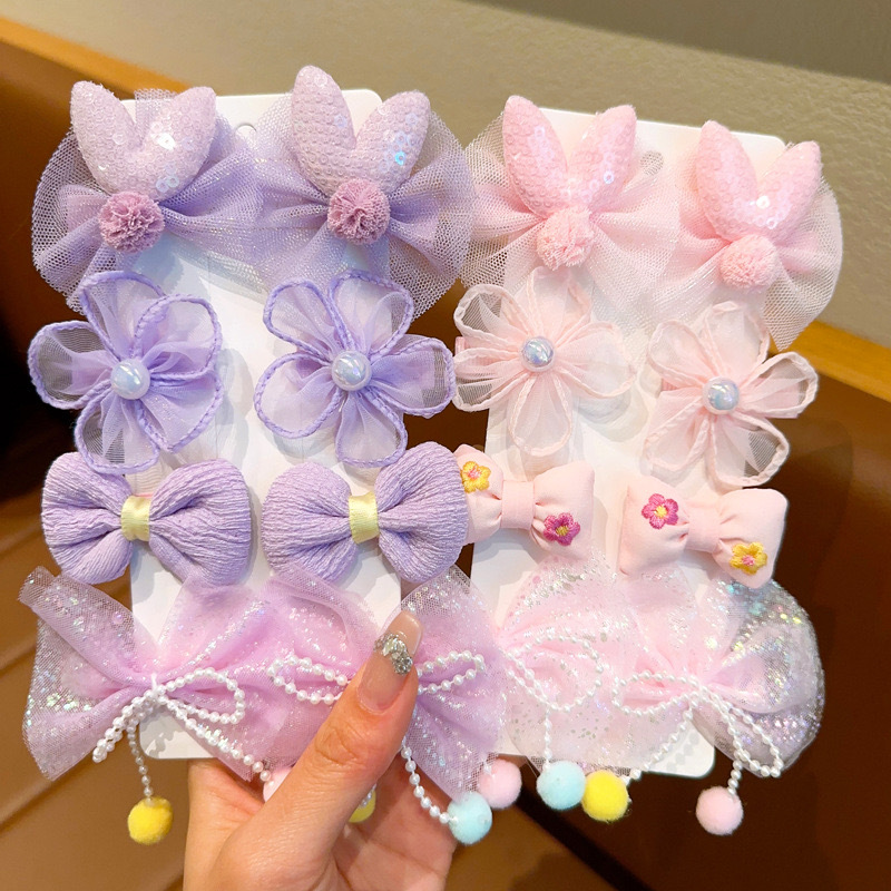 Children's Bow Flower Hairpin Headdress Baby Fabric Lace Bang Clip Girl Princess Does Not Hurt Hair a Pair of Hairclips