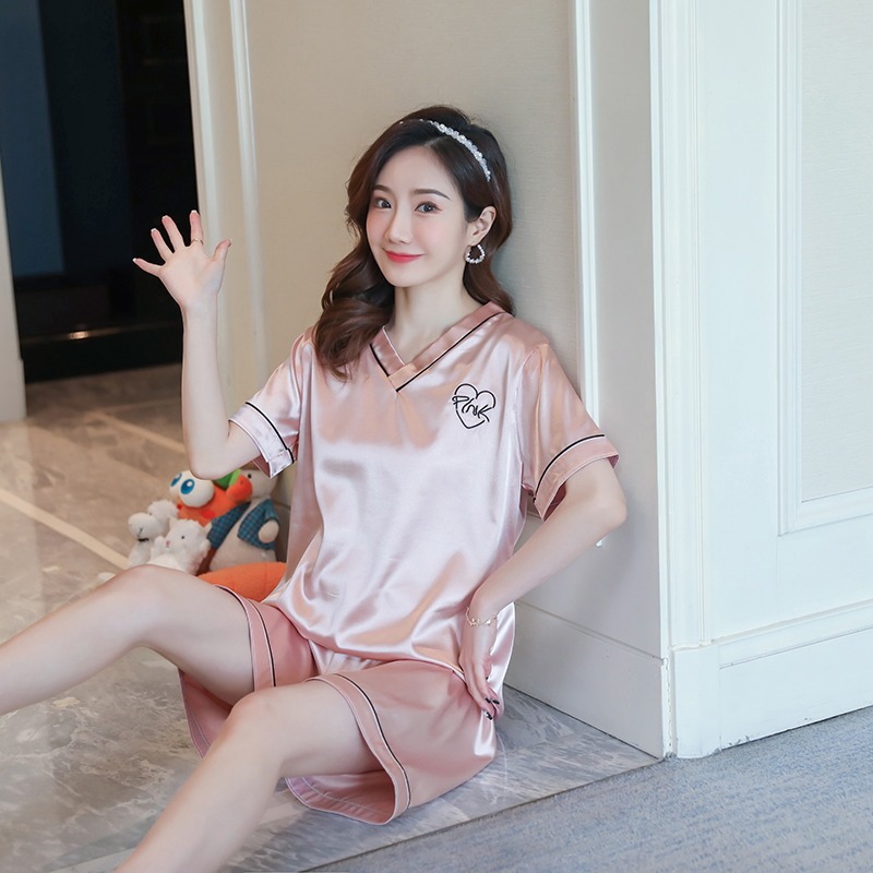 夏季新款睡衣女装冰丝薄款短袖短裤仿真丝两件套装居家服可外穿批