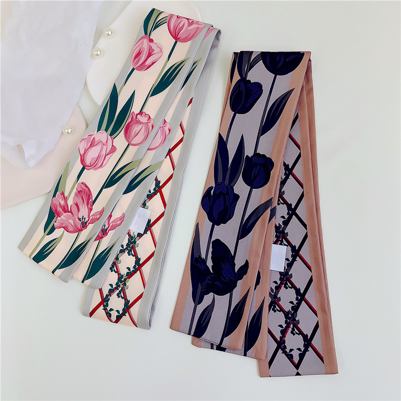 Korean Style Spring and Autumn New Exquisite French Tulip Hair Band Silk Scarf Women's Thin Narrow Strip Arm Bag Ribbon Professional Scarf