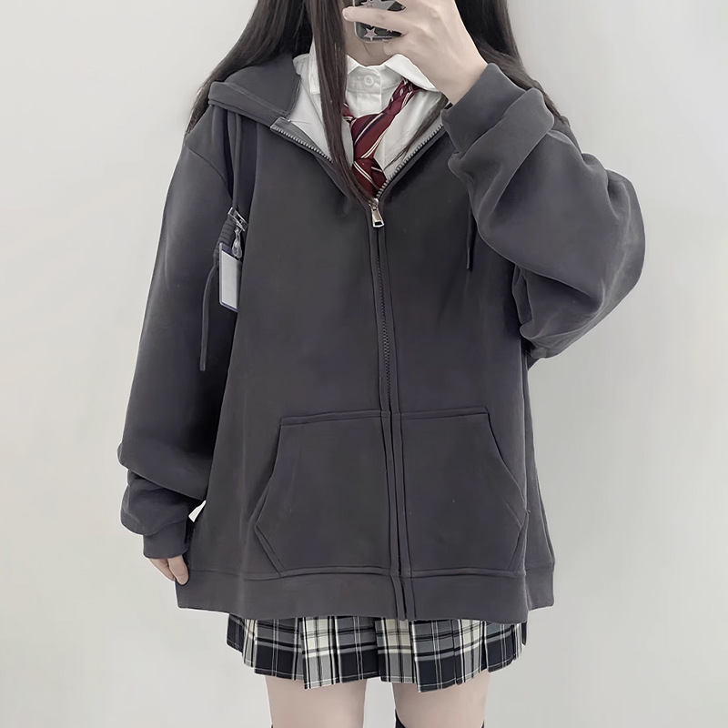 藏青色宽松连帽卫衣女学生秋冬显瘦百搭酒红色拉链开衫jk外套上衣