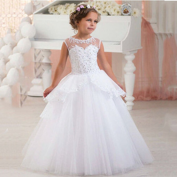 欧美儿童花童裙烫钻蕾丝生日摄影演出礼服走秀蓬蓬裙外贸一件代发